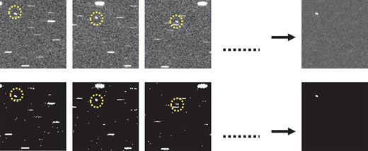 Comparison between detections by the original algorithm using median (upper panels) and the modified one using binarization (lower panels). (Color online)