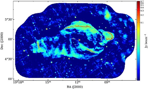 Positions of the filamentary structures observed in 2017. The back image is a total intensity map at 1.440–1.490 GHz. The beam size is 60″ × 60″.