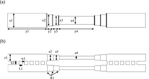 Dimensions of the diplexer (γ) when the two split-blocks were assembled. (a) The top view. (b) The cross-sectional view from the side. The parameters starting with “R” stand for the corner radius. The diplexer (γ) was designed to be symmetric.