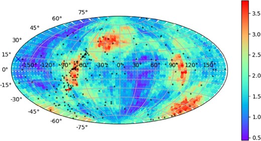 Distribution of ${z}_{\rm max}(\hat{\boldsymbol r})$ in the sky. The black points represent the positions of 200 MSPs. The red “+” and blue “×” show the positions of the GC and M 87, respectively. (Color online)