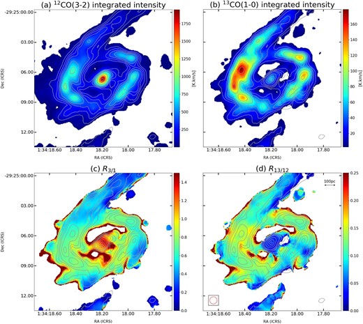 Distributions of (a) 12CO(3–2) integrated intensity, (b) 13CO(1–0) integrated intensity, (c) integrated intensity ratio of R3/1, and (d) integrated intensity ratio of R13/12. The integrated intensities of 12CO(3–2), 13CO(1–0), and 12CO(1–0) were clipped at 8σ (1σ = 0.14 K), 6σ (1σ = 0.045 K), and 8σ (1σ = 0.37 K), respectively, after convolving them with a Gaussian beam with $\mbox{FWHM} = {0.^{\prime \prime }72}$. The contours are 0.1, 0.2, 0.3, 0.4, 0.6, 0.8, and 0.95 of the 12CO(1–0) peak integrated intensity (1468.4 K km s−1). The high ratios around the edges of the R3/1 (>1.5) and R13/12 (>0.25) maps, i.e., outside of the lowest contour level, could be due to the large uncertainties of the integrated intensities and therefore are not included in the RADEX calculations. (Color online)
