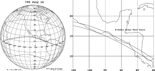 Totality path of solar eclipse on 790 July 16 (a) and its close-up around Santa Elena Poco Uinic (b), calculated assuming ΔT ≈ 2900 s in 790 based on Stephenson, Morrison, and Hohenkerk (2016). These figures show that the total eclipse was seen only along the Pacific coast of Mesoamerica, whereas a partial eclipse was seen widely in Mesoamerica.