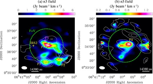 Comparison of moment 0 maps between HC3N (color) and CH3OH (white contours), as in figure 3, toward (a) the n3 field and (b) the n5 field, respectively. (Color online)
