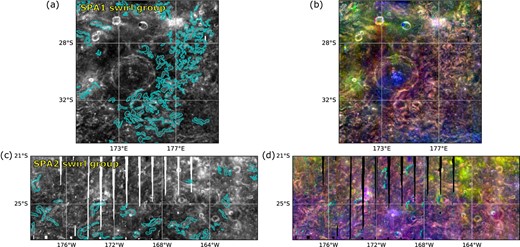Same as figure 2 but for highland swirls within the South Pole–Aitken Terrane (SPAT). (a), (b) SPA1 swirl group; (c), (d) SPA2 swirl group. (Color online)
