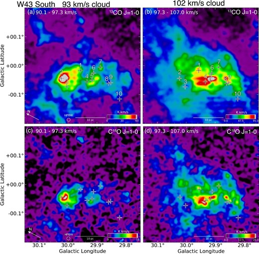 Integrated intensity map of 13CO J = 1–0 for (a) the 93 km s−1 cloud and (b) the 102 km s−1 cloud. The crosses indicate radio continuum sources identified by the NVSS survey (Condon et al. 1998), and the numbering is the same as in Beltrán et al. (2013). The final beam size after convolution is ∼40″. Integrated intensity map of C18O J = 1–0 for (c) the 93 km s−1 cloud and (d) the 102 km s−1 cloud.