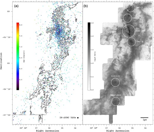 Left: Zeroth moment map of CARMA–NRO 13CO(1–0) (contours) toward Orion A, with SDSS-IN-SYNC YSO positions marked with dots. The colors indicate YSO ages. Right: 13CO(1–0) zeroth-moment map with star-forming clumps studied by Kong et al. (2018) shown by white circles.