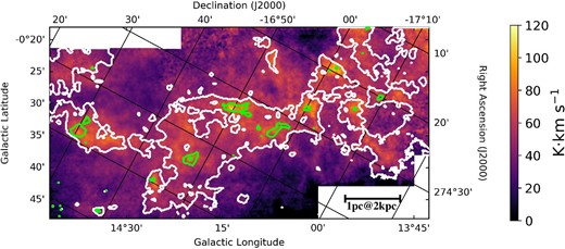 13CO(J = 1–0) intensity map of M 17 SWex, integrated over the velocity range from −10 km s−1 to 55 km s−1. Contours of the H2 column density map derived from the Herschel data are superimposed. Contours are drawn at 1.0 × 1022 cm−2 by white, and 3.0 × 1022 cm−2 by green. The label “00” on the galactic-longitude axis means $14^{\circ}00'$. The same applies in the following figures of this paper. (Color online)