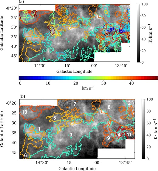 Structures identified by SCIMES. Contours represent the outline of every structure orthogonally projected on the plane of the sky. Each contour is colored depending on its mean velocity of the structure, according to the color bar at the bottom of this panel. The background image is the integrated intensity map of the 13CO(J = 1–0). The velocity range used for the integration is −18 km s−1 < VLSR < 60 km s−1. (a) All clouds identified by SCIMES are shown as contoured. (b) Only clouds with radii $> {1{^{\prime }_{.}}7}$ (equivalent to 1 pc at a distance of 2 kpc) are shown. The labels denote the ID in table 2. (Color online)