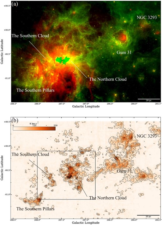 (a) Composite-color image of the WISE 22 μm (red) and Spitzer/GLIMPSE 8 μm (green) emissions around the CNC and Gum 31. (b) Integrated-intensity map of the 12CO (J = 1–0) emission taken from the Mopra archive (Rebolledo et al. 2016, 2017) between the velocities of −35 and 0 km s−1. The black contours are plotted every 25 K km s−1 from 25 K km s−1 (∼10σ). The black rectangle outlines the area shown in figure 2. (Color online)