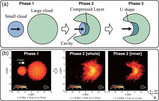 (a) Schematic picture of three evolutionary epochs of the Habe–Ohta model of a cloud–cloud collision between two spherical clouds with different sizes. When the small cloud drives into the large cloud, a U-shaped cavity is created in the large cloud, and the small cloud streams into the compressed layer formed at the collision interface. (b) Surface density plots of the 10 $\rm{km\,s}^{-1}$ collision model calculated by Takahira, Tasker, and Habe (2014). The left-hand panel shows the top view of the two clouds prior to the collision (Phase 1), while the middle and right-hand panels show snapshots at 1.6 Myr after the onset of the collision (Phase 2). The integration in the y axis ranges from −10 to +10 pc for the middle panel and −2 pc to +2 pc for the right panel. The eye symbol and arrow define the viewing angle used in analyzing the synthetic 12CO(J = 1−0) data presented in figure 2. Figures adapted from Fukui et al. (2018a) and reproduced with permission from AAS.