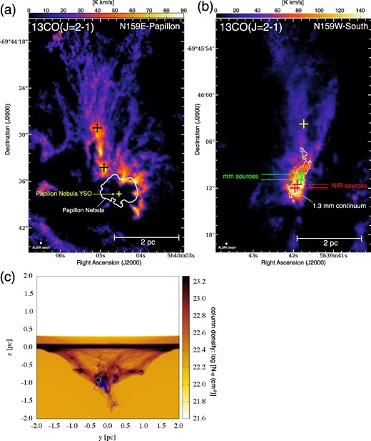 (a) 13CO(J = 2−1) image toward the N159E-Papillon region obtained by ALMA Cycle 4 observations. The angular resolution is shown at the left-hand lower corner. The yellow cross represents the position of the Papillon Nebula YSO, given by the 98 GHz continuum peak (Saigo et al. 2017). The black crosses denote the positions of MMS-1 and MMS-2 (see Fukui et al. 2019 for details). The shape of the Papillon Nebula is traced by Hα emission, as shown by the white contour in the panel. (b) 13CO(J = 2−1) distributions of the N159 W-South region obtained by ALMA Cycle 4 observations. The red, green, and yellow crosses are positions of the infrared sources, the dust-continuum peaks of MMS-3 and 4, and the median position between the red-shifted and blue-shifted outflow lobes (see Tokuda et al. 2019 for details), respectively. The white contours indicate the 1.3 mm continuum emission. The angular resolution, ${0{^{\prime \prime }_{.}}29} \times {0{^{\prime \prime }_{.}}25}$, is given by the white ellipse at the left-hand lower corner. (c) Column density distribution of molecular hydrogen created by the collision of a small molecular cloud (∼2 pc) and a large cloud (>4 pc) at 0.7 Myr after impact at a relative velocity of 10 $\rm{km\,s}^{-1}$. Circles mark the positions of sink particles (the white one indicates the position of the most massive sink, >50 Msol). The simulation was performed by Inoue et al. (2018). Figures adapted from Tokuda et al. (2019) and Inoue et al. (2018), and reproduced with permission from AAS.