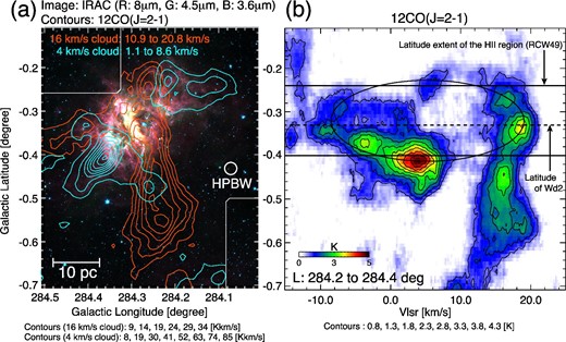 (a) Contours of the red-shifted (16 $\rm{km\,s}^{-1}$) and blue-shifted (4 $\rm{km\,s}^{-1}$) clouds in Westerlund 2 superposed on a three-color composite image obtained with Spitzer (red = 8.0 μm, green = 4.5 μm, blue = 3.6 μm). (b) Velocity–latitude diagram for 12CO(J = 2−1) emission integrated over the longitude range 284${{^{\circ}_{.}}}$2–284${{^{\circ}_{.}}}$4. The solid black oval shows a velocity signature consistent with expansion around the central cluster and/or bright central regions of RCW 49. The dotted line and solid lines mark the latitudes of Westerlund 2 and the bright ridge of infrared emission, respectively.