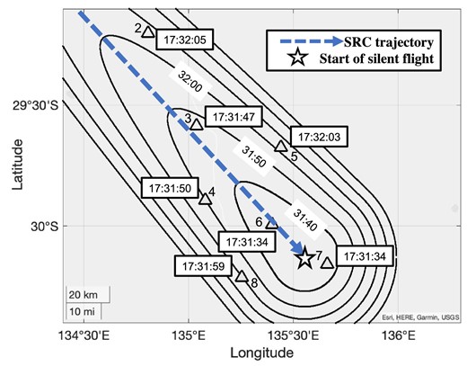 Calculated propagation of shock wavefront in the silent flight case. The times in black frames indicate the arrival times of the shock wave at the corresponding sensors. The arrow indicates the SRC trajectory. The parabola shows the wavefront of the shock wave every 10 seconds. The times without black frames indicate the arrival times of the wavefront. The wavefronts of the shock wave are shaped like a combination of parabolas and circles. The silent flight began in the sky between the sixth (The Twins) and seventh (Mt. Eba) sensor sites. The error in this silent flight case is much smaller than that in the penetration case. (Color online)