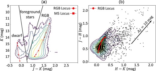 (a) Color–magnitude (J − K and K) diagram of the samples of the entire LMC. Contours show the number densities binned by 0.05 mag. The contour levels are 101.5–103.5 in steps of 100.5. Black solid lines are boundary positions to classify stellar populations into three categories of dwarf, foreground, and RGB stars. The lines connected with the circles and squares are the loci of RGB and main-sequence stars, respectively, derived from Allen (2000). (b) Color–color (H − K and J − H) diagram of the RGB samples selected from panel (a). Contours are the same as those in panel (a) but the levels are 101.5–104.5 in steps of 100.5. The line connected with the red circles shows the intrinsic colors of RGB stars derived from Bessell and Brett (1988). The black arrow is the reddening vector corresponding to AV = 10 mag. Black points are YSO candidates matched to the RGB samples. (Color online)