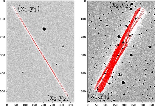 Detection stage: segments detected with the PPHT transform, 10 segments in the left figure, 200 segments in the right figure. Segments are represented in red, superimposed over the original image with the stars removed (0 values).