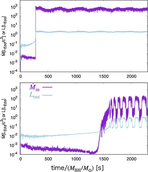 Time evolution of the mass input rates and outgoing radiation luminosities for Model-380 (upper panel) and Model-110 (bottom panel). The purple and blue line represent the mass accretion rate $\dot{M}_{\,\,\rm in}$ and the luminosity Lout. The luminosities are smaller than the values in table 2, since these are calculated from the first step simulation data, in which the inner edge is set to be at 20rs.