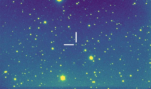 Image of (3200) Phaethon in the r band with a 60 s exposure on 2021 October 28 taken by TriCCS. Field of view covers 12${_{.}^{\prime}}$6 × 7${_{.}^{\prime}}$5. North is to the top and east is to the left.