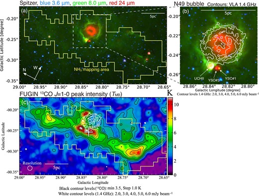 (a) Spitzer three-color composite image of the infrared bubble N49. Blue, green, and red show 3.6 μm, 8.0 μm, and 24 μm, respectively. The yellow enclosed area indicates the NH3 mapping region of our project. (b) The close-up image of panel (a). White contours show the VLA 1.4 GHz continuum image (Helfand et al. 2006). The lowest contour level and intervals are 2 and 1 mJy beam−1, respectively. The ultra-compact H ii region, YSO #1, and YSO #3 are labeled (see Figure 18 in Deharveng et al. 2010 and Watson et al. 2008). (c) The peak intensity (TMB) map of 13CO J = 1–0 obtained by the FUGIN project (Umemoto et al. 2017; Torii et al. 2019). The black lowest contour level and intervals are 3.5 and 1.0 K, respectively. White contours show the VLA 1.4 GHz continuum image. The white contour levels are 2.0, 3.0, 4.0, 5.0, and 6.0 mJy beam−1. The white cross indicates the position of the 6.7 GHz class II methanol maser source (Cyganowski et al. 2008, 2009).