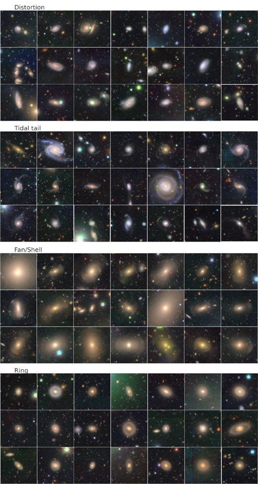 Gallery of interacting galaxies. Shown are those with the highest probabilities for distorted shapes, tidal tails, fan/shell, and ring from top to bottom. Each panel is 1′ on a side.