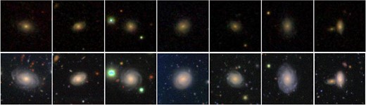 Randomly drawn objects with PGC(spiral) ∼ 1 and PGZ2(spiral) ∼ 0. The top row is the SDSS images used for GZ2 and the bottom row is GALAXY CRUISE for the same objects. Each image is 48″ on a side.