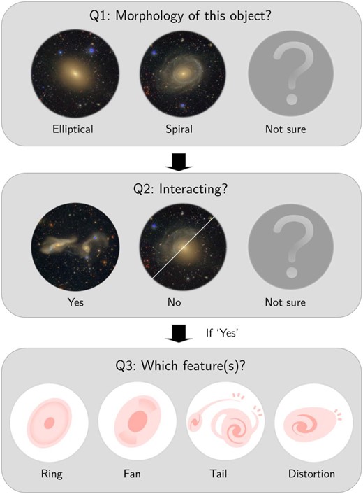 GALAXY CRUISE’s classification scheme. The first question is whether a galaxy is spiral or elliptical. The second question asks if the galaxy is interacting or not. If yes, the participant can choose observed feature(s).
