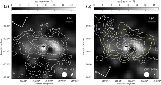 Overlays of (a) the $\lambda = 6\,$cm continuum (contours) and (b) $\lambda = 37.1\, \mu$m (contours) on the $\lambda = 850\, \mu$m continuum emission (grayscale). All the contours are drawn with an rms image noise level of $10\sigma \times 2^n$ ($n = 0, 1, 2, 3,$ and 4) where $\sigma = 3.83$ and $716\,$mJy$\,$beam$^{-1}$ for the $\lambda = 6\,$cm and $\lambda = 37.1\, \mu$m images, respectively. The noise level of the $\lambda = 850\, \mu$m image is $158\,$mJy$\,$arcsec$^{-2}$, and the horizontal wedge shows the $\lambda = 850\, \mu$m intensity. The thick yellow contour is the $20\sigma$-level contour of the $\lambda = 37.1\, \mu$m emission, by which we defined the area tracing the CND with contamination from the Minispiral (see sub-subsection 3.1). The white ellipses with labels in the bottom right-hand corners show the beam sizes of the images (see table 1 for their sizes). The horizontal bar at the top right-hand corner of each panel represents the projected linear size scale of $1\,$pc at the distance (d) of $8.178\,$kpc (GRAVITY Collaboration 2019). The central cross shows the position of the Sgr A* (RA $= {17^{\rm h}45^{\rm m}40{_{.}^{\rm s}}0409}$, Dec $=-29^\circ 00^{\prime } 28{_{.}^{\prime\prime}} 118$ in J2000.0) taken from Reid and Brunthaler (2004).