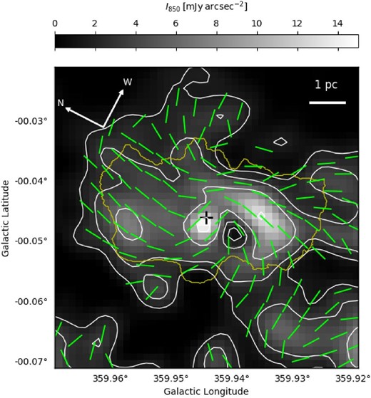 Overlays of the inferred $\boldsymbol{B}$-field direction (green segments of identical length) on the total intensity, that is, the Stokes I map (white contours), as presented by the grayscale image in figure 1. The intervals of the white contours are drawn in the same manner as those in figure 1. The yellow contour represents the $20\sigma$-level of the $37\, \mu$m emission. The identical-length green segments indicate $\boldsymbol {B}$ field directions which are determined by polarization direction rotated by ${90^{\circ}}$.