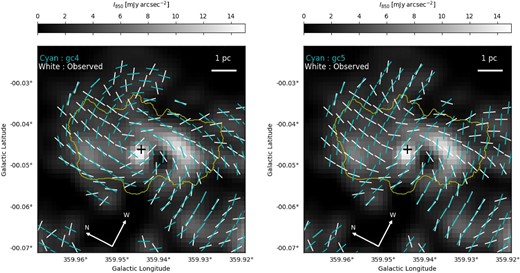 Comparisons of the gc4 (upper) and gc5 (lower) models from Wardle and Königl (1990) (depicted with cyan segments) with the inferred ($\boldsymbol {B}$ field (represented by white segments), as shown in figure 5. The grayscale image and contours are consistent with those presented in figure 6. For the resultant $\chi ^2$ values, see table 4. The yellow contour is the same one used in figure 1b.
