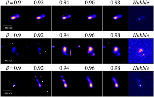 Alt text: Three galaxy images with different hyperparameters of sparse modeling.