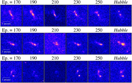 Alt text: Three galaxy images with different epochs of GAN.