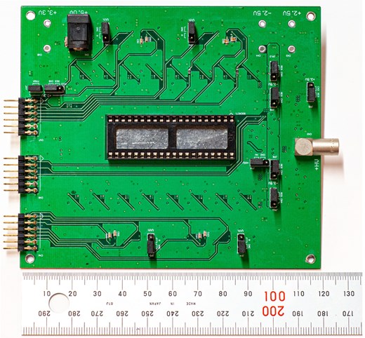 Alt Text: Photo of the frontend board with a ruler indicating the board size as 12 times 12 square centimeters.