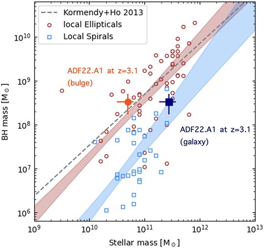 Alt Text: A scatter plot with three lines to show the relation between stellar mass and SMBH mass.