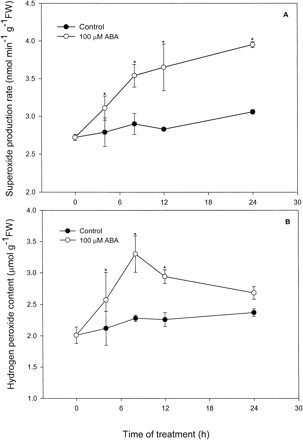 Fig. 2 Time course of ABA action on levels of O2– (A) and H2O2 (B) in leaves of maize seedlings. Values are the means of three different experiments. Error bars represent SE with n = 6. Asterisks indicate the significance of difference at P<0.05 level by Student’s t-test when compared to control.