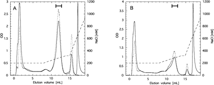 Fig. 8 Elution profile of PSII core complexes from wild type (panel A) and psbX-disrupted mutant (panel B) in HitrapQ ion-exchange chromatography. Portions collected as the PSII core complex are shown as thick bars. Absorbances at 280 nm and 680 nm are indicated with solid line and dotted line, respectively. NaCl concentration for elution is indicated with dashed line.