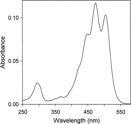 Fig. 2 Absorption spectrum of myxol (peak-2 in Fig. 1) in methanol/water (9 : 1, v/v).
