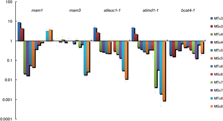 Glucosinolate contents in the leaves of the knockout lines. The content of GSLs relative to the wild type (Col-0) are shown on a logarithmic scale. MT and MS indicate methylthioalkyl and methylsulfinylalkyl GSLs, respectively. cn (n = 3–8) indicates the length of side chains. The analysis was conducted on 5–12 replicates.