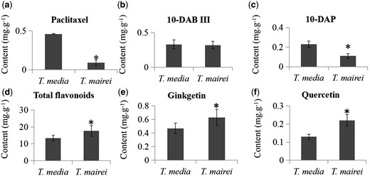 Variation in metabolite contents between T. media and T. mairei. (a) Contents of paclitaxel (a) and two intermediates, 10-DAB III (b) and 10-DAP (c), were quantified by HPLC–MS/MS. The total (d) and individual contents of two flavonoids, ginkgetin (e) and quercetin (f), were quantified by HPLC. *Significant differences in contents.