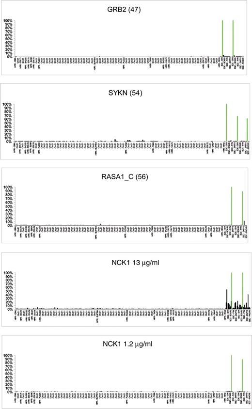 Specificity of antibody binding on protein microarrays. Microarrays spotted with 432 different proteins were probed with a range of antibodies. Examples show specific recognition of GRB2 (using 47_B02 at 6 µg/ml) SYK_N (using 054_A04 at 1 µg/ml) and RASA1_C (using 056_A10 at 1 µg/ml). In the case of NCK, the same antibody (067_F09) was used at either 13 or 1.2 µg/ml. Increased background was observed at the higher concentration. A green bar represents recognition of the correct antigen and a black bar shows cross-reactivity.