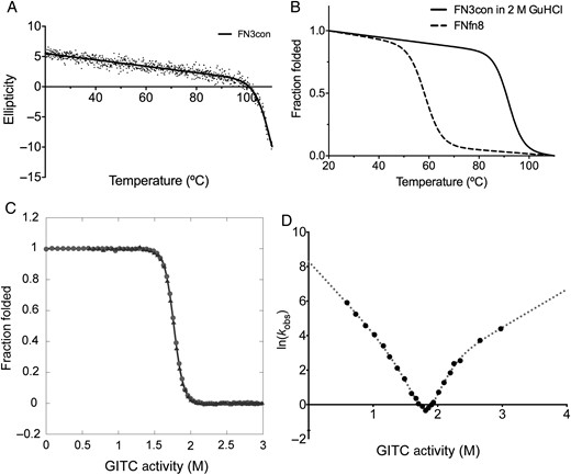 Thermal stability, chemical stability and folding kinetics of FN3con. (A) Thermal unfolding monitored by CD at 222 nm with non-linear fit (R2 = 0.95). (B) Thermal unfolding in 2 M GuHCl (solid line) and FNfn8 (dashed line) is represented as fraction folded with a non-linear fit (R2 = 0.98 and R2 = 0.76, respectively). (C) Equilibrium unfolding (circles) and refolding (triangles) curves. (D) Kinetic folding data showing curvature in both arms of the chevron plot.