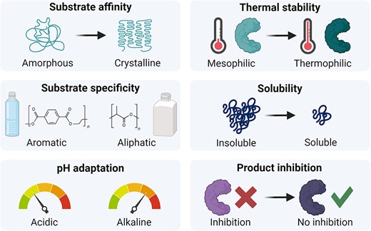 Example properties of plastic-degrading enzymes that can be engineered using directed evolution to improve current limitations