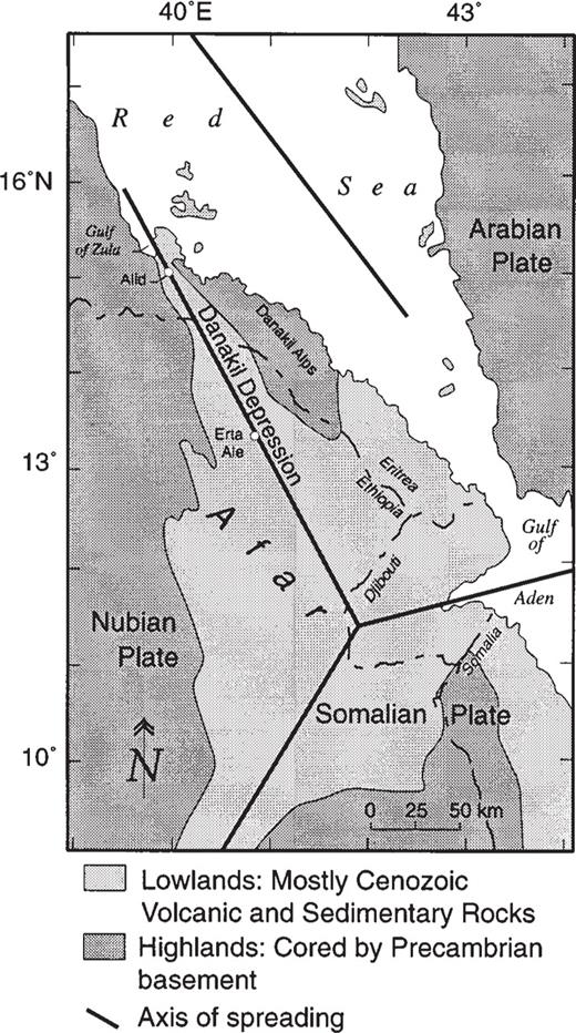 Simplified plate-tectonic map of the Afar Triangle region. Modified from Barberi & Varet, (1977).