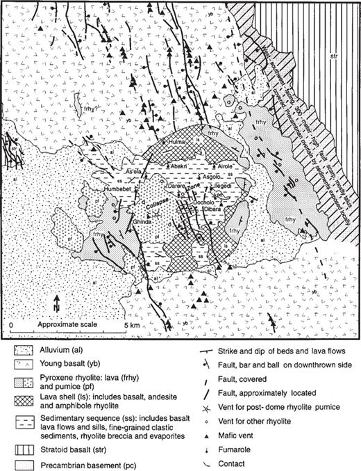 Generalized geologic map of Alid volcanic center. Because the map was traced from lines on air photographs, the scale is approximate and varies somewhat across the map [modified from Clynne et al., (1996a)].