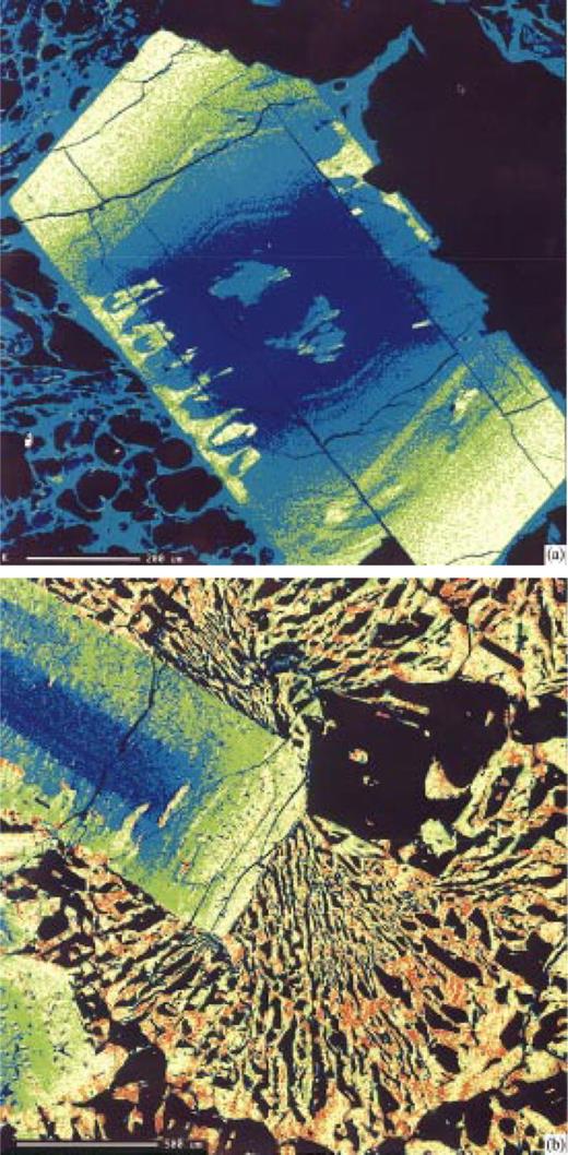 Maps of K distribution in alkali feldspars. Red represents highest concentrations, followed by yellow, green and blue. See Appendix for details. Scales as indicated in figure parts. (a) Feldspar in ‘pf unit’ pumice, surrounded by pumiceous glass. The feldspar core is a K-poor anorthoclase that has been resorbed. Embayments have been filled with more K-rich sodic sanidine. (b) Feldspar in granophyric block. Feldspar shows same general features as in (a). Feldspar stringers in granophyre are approximately the same composition as the K-rich rim of sodic sanidine.