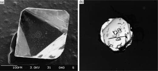 Quartz phenocrysts in pumice of the ‘pf unit’ are euhedral (a) and contain abundant melt inclusions (b). Scale for (a), a scanning electron micrograph, is shown by bar representing 100 µm. Quartz grain in (b) is 650 µm in diameter. Photomicrograph taken with crossed Nicols.