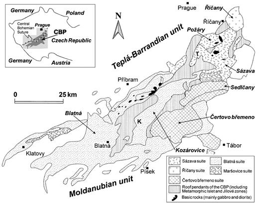 Schematic map of the Central Bohemian Pluton (CBP) [based partly on Mísař et al. (1983) and Holub et al. (1997b)] showing the Říčany, Požáry, Sázava, Blatná, Kozárovice, Sedlčany and Čertovo břemeno intrusions of the four main granitoid suites (Sázava, Blatná, Čertovo břemeno and Říčany suites; named after the most prominent intrusion) and the Maršovice suite (not included in the petrogenetic study); T (Teletín quartz diorite) and K (Kozárovice quartz monzonite) show positions of small intrusions referred to in the text.