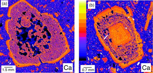 X-ray compositional maps of Ca concentration in (a) honeycomb and (b) dusty plagioclase crystals. The color scale, shown in (b), grades from darker colors indicating lower concentrations, to brighter colors, and finally white, indicating higher concentrations of calcium. The lower-calcium core of the honeycomb plagioclase is consistent with its origin in a less calcic magma relative to that in which the dusty plagioclase core crystallized.