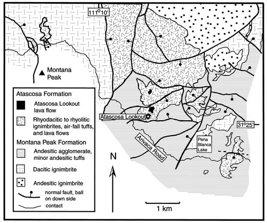 Generalized geologic map of the central Atascosa Mountains. The Atascosa Lookout lava flow is limited to three exposures, shown in black.