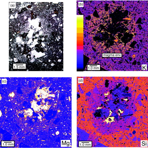 (a) Photograph of a magma envelope surrounding a crystal (b–d). X-ray compositional maps of magma envelopes surrounding crystal clusters. The color scale shown in (b) grades from darker colors indicating lower concentrations, to brighter colors, and finally white, indicating higher concentrations. The color scale is the same for all compositional maps. The maps show that magma envelope glass is more K and Mg rich, and less Si rich than matrix glass.