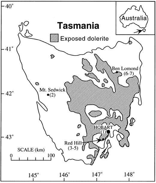 Sketch map of Tasmania indicating the extent of exposed dolerite (shaded) and locations of widely separated sampling sites chosen for this study. The Hobart sample was taken from the Mt Wellington sheet. It should be noted that the shaded region includes numerous separate intrusions that are distributed across a major basement divide in Tasmania. The southern extension of the Tamar Fracture System is unclear; however, it extends from ∼147° on the northern coast, through to a location close to Hobart in the SE [modified from Hergt et al. (1989a)].