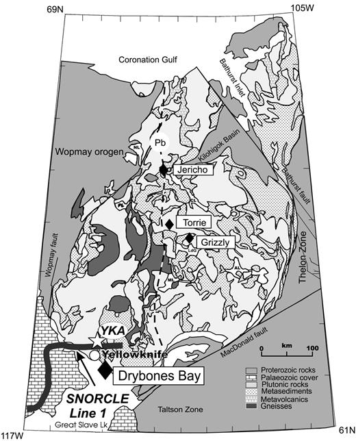 Geological map of the Slave Province showing the locations of the Drybones Bay and other kimberlite pipes mentioned in the text (⧫) [adapted from MacKenzie & Canil (1999)]. Also shown are the locations of the YKA teleseismic array (Bostock, 1998), the LITHOPROBE SNORCLE line 1 transect (Cook et al., 1998) and the Pb isotope boundary recognized in galenas from crustal rocks (Thorpe et al., 1992).